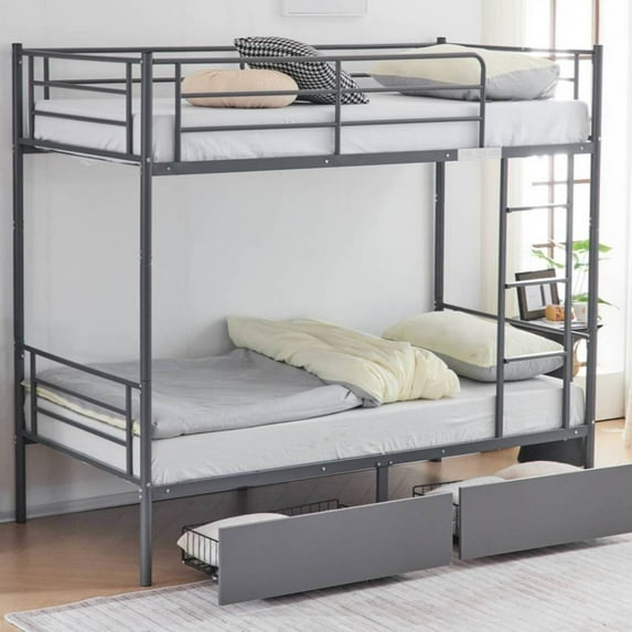 Zimtown Twin over Twin Bunk Bed with 2 Drawer, Heavy Duty Metal Bed Frame with Safety Rail Side Ladders for Dormitory Bedroom Boys Girls Adults,No Box Spring Needed (Gray)