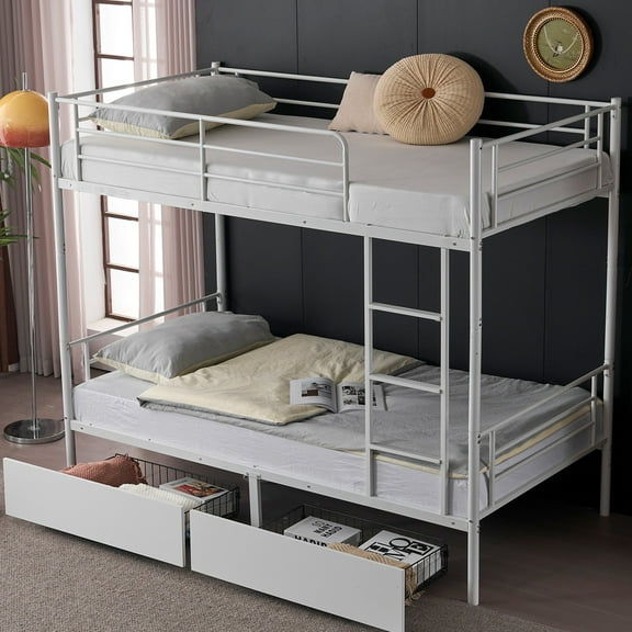 Zimtown Twin over Twin Bunk Bed with 2 Drawer, Heavy Duty Metal Bed Frame with Safety Rail Side Ladders for Dormitory Bedroom Boys Girls Adults,No Box Spring Needed (White)