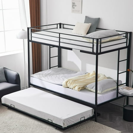 Zimtown Twin over Twin Bunk Bed with Trundle, Heavy Duty Metal Bed Frame with Safety Rail Side Ladders for Dormitory Bedroom Boys Girls Adults,No Box Spring Needed (Black)