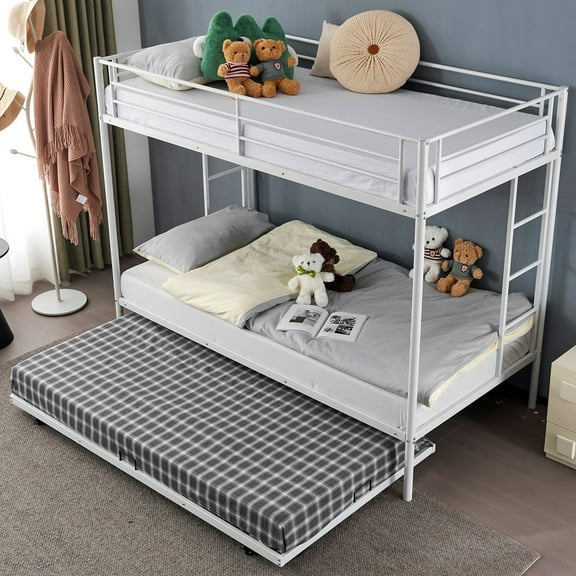 Zimtown Twin over Twin Bunk Bed with Trundle, Heavy Duty Metal Bed Frame with Safety Rail Side Ladders for Dormitory Bedroom Boys Girls Adults,No Box Spring Needed (White)