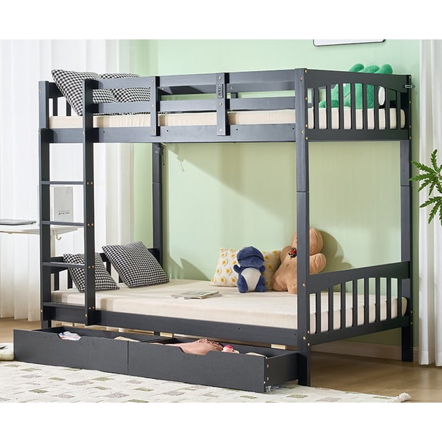 Zimtown Twin over Twin Bunk Bed with 2 Drawer, Solid Wood Bed Frame with Safety Rail Side Ladders for Dormitory Bedroom, Black