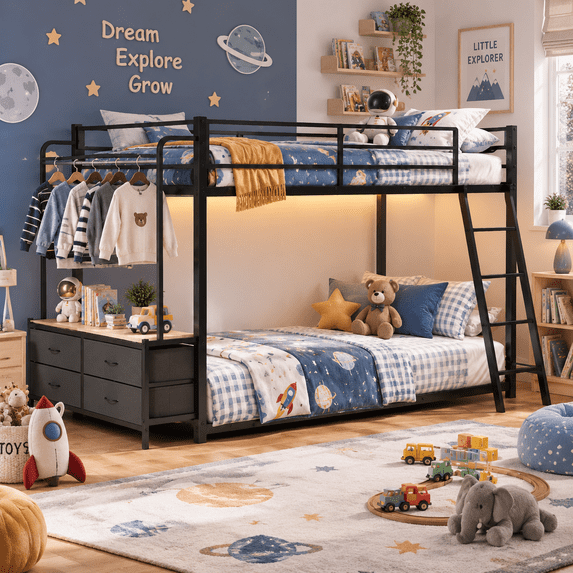 Zimtown Twin-over-Twin Bunk Bed with Storage Drawer and LED light, Low Profile Bed Frame with Charging Station, Black