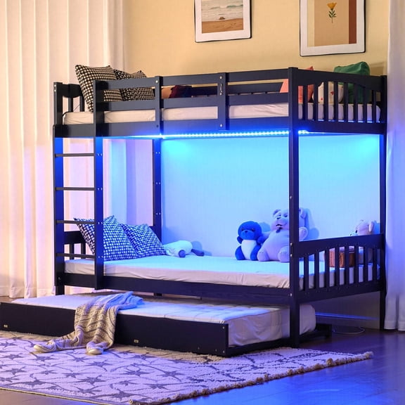 Zimtown Twin-over-Twin Convertible Bunk Bed with Trundle, Solid Wood Bed Frame, Black