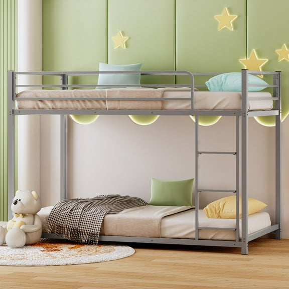 Zimtown Twin-over-Twin Bunk Bed, Low Profile Junior Bunk Bed Frame, Gray