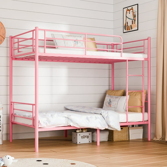 Zimtown Twin over Twin Steel Bunk Beds Frame Ladder Bedroom Dorm Room,Pink