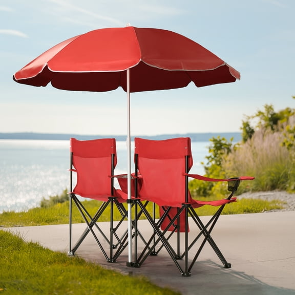 Zimtown, Two Seat Beach Chair, Outdoor Folding Chairs, Portable Fishing Chair with Umbrella, Red, With Bag