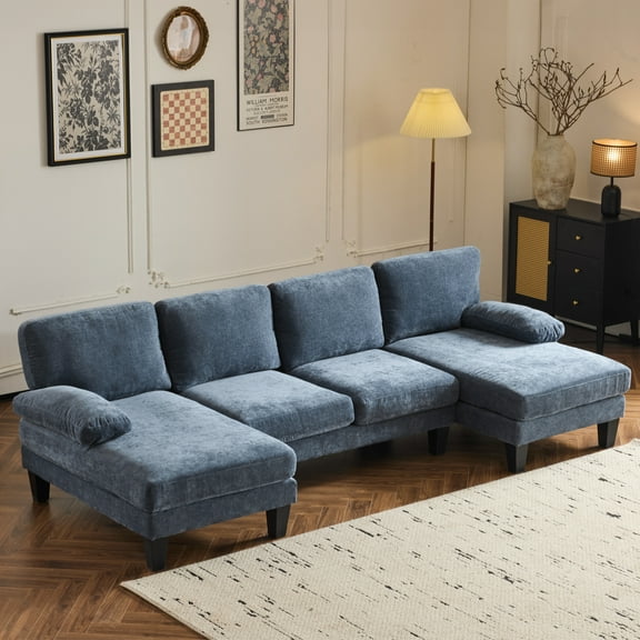 Zimtown U-Shaped Sectional Sofa with Dual Chaises, Modern 4-Seat Chenille Sofa for Living Room, Blue