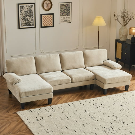 Zimtown U-Shaped Sectional Sofa with Dual Chaises, Modern 4-Seat Chenille Sofa for Living Room, Khaki