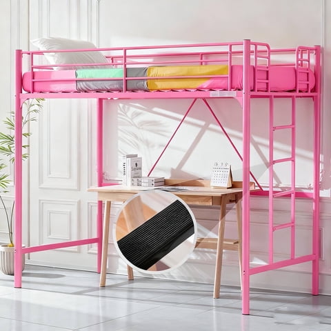 Zimtown Upgrated Twin Loft Bed with Ladder Metal Bunk Bed with Flat Step Ladder, Pink