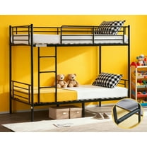 Zimtown Upgrated Twin over Twin Bunk Bed, Metal Bed Frame with Flat Step Ladder, Black