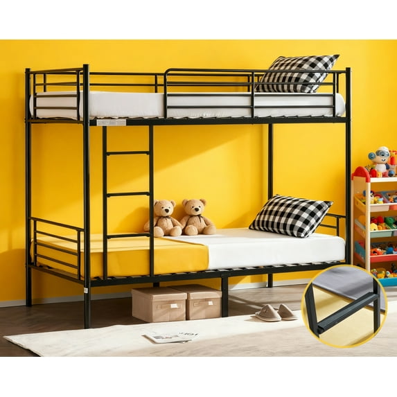 Zimtown Upgrated Twin over Twin Bunk Bed, Metal Bed Frame with Flat Step Ladder, Black