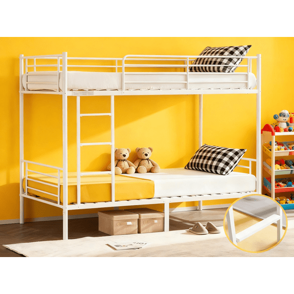 Zimtown Upgrated Twin over Twin Bunk Bed, Metal Bed Frame with Flat Step Ladder, White