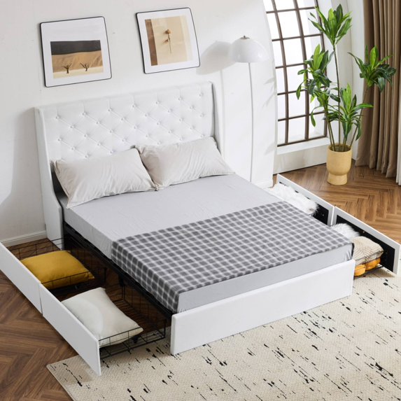 Zimtown Upholstered Full Platform Bed Frame w/ 4 Drawers, No Box Spring Needed, White