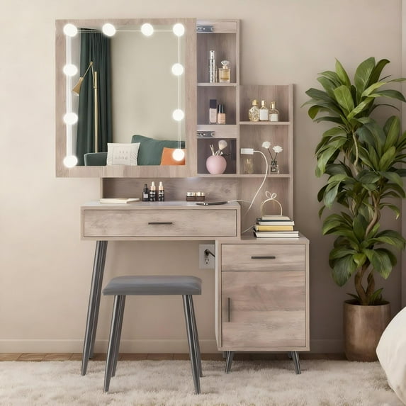 Zimtown Vanity Desk Set with Sliding Mirror, Makeup Table with Charging Station, 3 Color Adjustable Lighting, Dressing Table for Bedroom, Gray