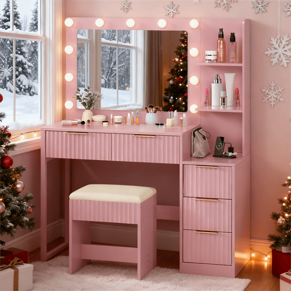 Zimtown Vanity Desk Set with Square Mirror and Charging Station, Makeup Vanity Table with 5 Drawers, Adjustable Brightness Dressing Table, Pink