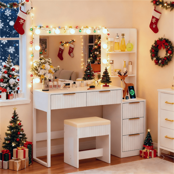 Zimtown Vanity Desk Set with Square Mirror and Charging Station, Makeup Vanity Table with 5 Drawers, Adjustable Brightness Dressing Table, White