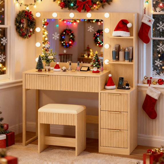 Zimtown Vanity Desk Set with Square Mirror and Charging Station, Makeup Vanity Table with 5 Drawers, Adjustable Brightness Dressing Table, Wood Color