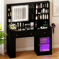 thumbnail image 1 of Zimtown Vanity Desk with Mirror & LED Lights, Glass Top Makeup Vanity Table with Charging Station & Side Rack, Black, 1 of 8