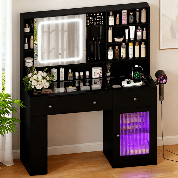 Zimtown Vanity Desk with Mirror & LED Lights, Glass Top Makeup Vanity Table with Charging Station & Side Rack, Black