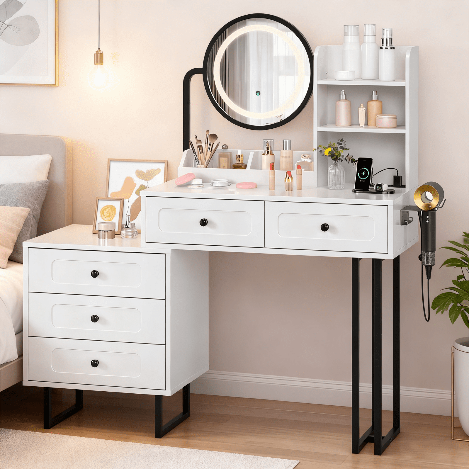Zimtown Vanity Desk with Round Mirror, Makeup Vanity with Adjustable Lights & Large Drawers, Vanity Table for Bedroom Dressing Room, White & Black