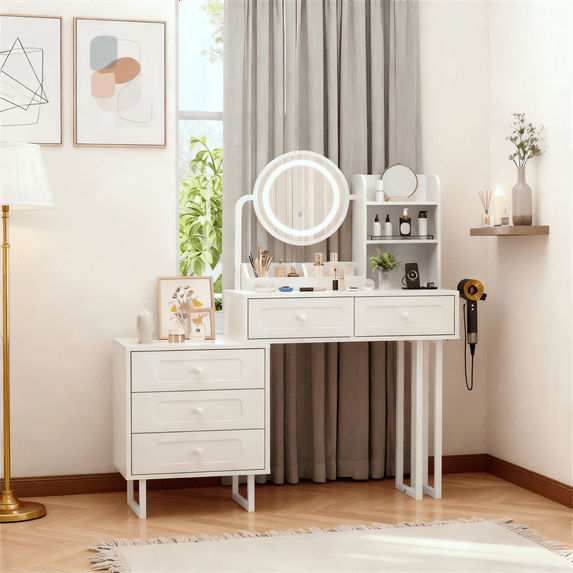 Zimtown Vanity Desk with Round Mirror, Makeup Vanity with Adjustable Lights & Large Drawers, Vanity Table for Bedroom Dressing Room, White