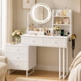thumbnail image 1 of Zimtown Vanity Desk with Round Mirror, Makeup Vanity with Adjustable Lights & Large Drawers, Vanity Table for Bedroom Dressing Room, White, 1 of 10