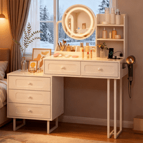 Zimtown Vanity Desk with Round Mirror, Makeup Vanity with Adjustable Lights & Large Drawers, Vanity Table for Bedroom Dressing Room, White