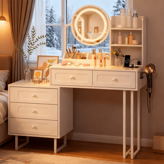 Zimtown Vanity Desk with Round Mirror, Makeup Vanity with Adjustable Lights & Large Drawers, Vanity Table for Bedroom Dressing Room, White