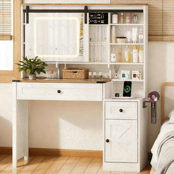 Zimtown Vanity Desk with Sliding Mirror, Farmhouse Vanity Makeup Table with 2 Drawers & Power Outlet for Bedroom, Pure White