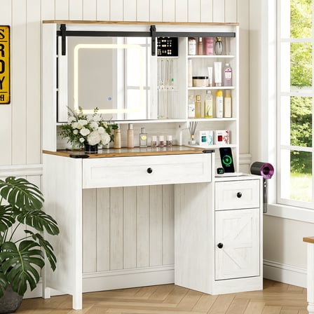 Zimtown Vanity Desk with Sliding Mirror,  Farmhouse Vanity Makeup Table with 2 Drawers & Power Outlet for Bedroom, White