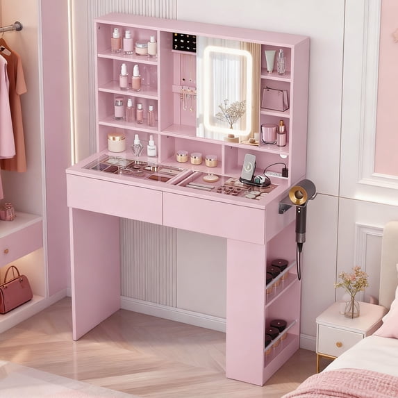 Zimtown Vanity Desk with Sliding Mirror, LED Lights and Power Outlet, Makeup Vanity with Visible Glass Top, 6 Storage Shelves Dressing Table, Pink