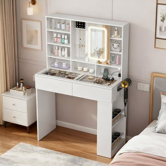Zimtown Vanity Desk with Sliding Mirror, LED Lights and Power Outlet, Makeup Vanity with Visible Glass Top, 6 Storage Shelves Dressing Table, White