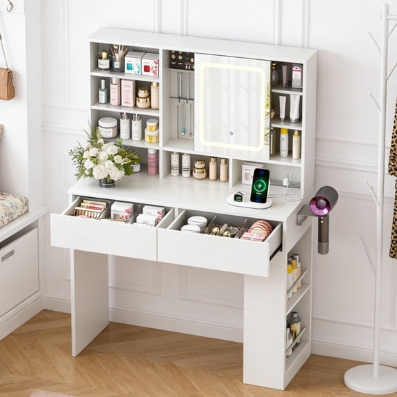 Zimtown Vanity Desk with Sliding Mirror, LED Lights and Power Outlet, Makeup Vanity with Visible Glass Top, 6 Storage Shelves Dressing Table, White