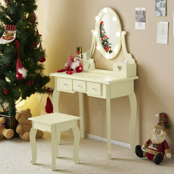 Zimtown Vanity Dresser Desk Kids Makeup Vanity Set with 3-Color Light Matching Stool, Light Yellow