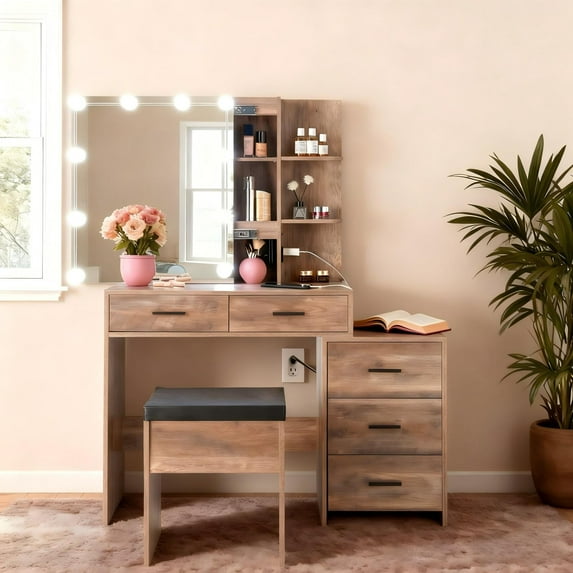 Zimtown Vanity Table Set with Charging Station, 3 Color Modes & Adjustable Brightness Makeup Desk, Dressing Table for Bedroom, Gray