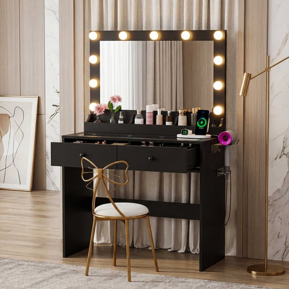 Zimtown Vanity with Mirror and Light, Makeup Desk with Charging Station and Storage, Dressing Table with Hair Dryer Rack for Bedroom, Black
