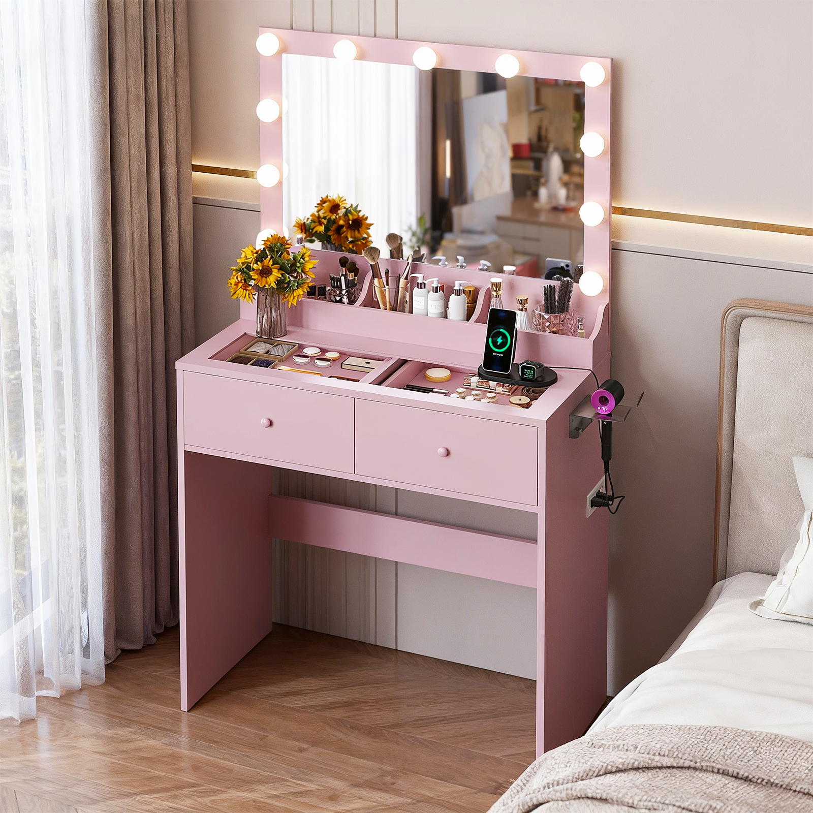 Zimtown Vanity with Mirror and Light, Makeup Desk  with Charging Station and Storage, Dressing Table with Hair Dryer Rack for Bedroom, Light Pink