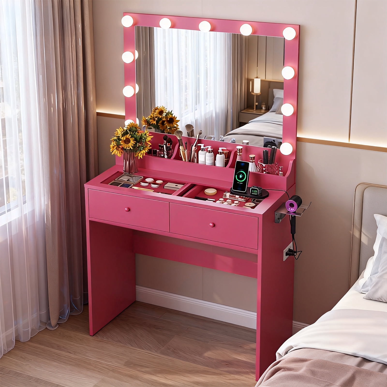 Zimtown Vanity with Mirror and Light, Makeup Desk  with Charging Station and Storage, Dressing Table with Hair Dryer Rack for Bedroom, Pink