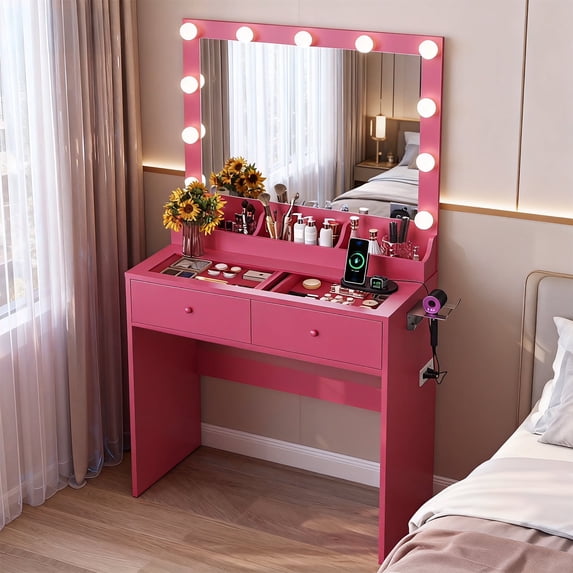 Zimtown Vanity with Mirror and Light, Makeup Desk with Charging Station and Storage, Dressing Table with Hair Dryer Rack for Bedroom, Pink