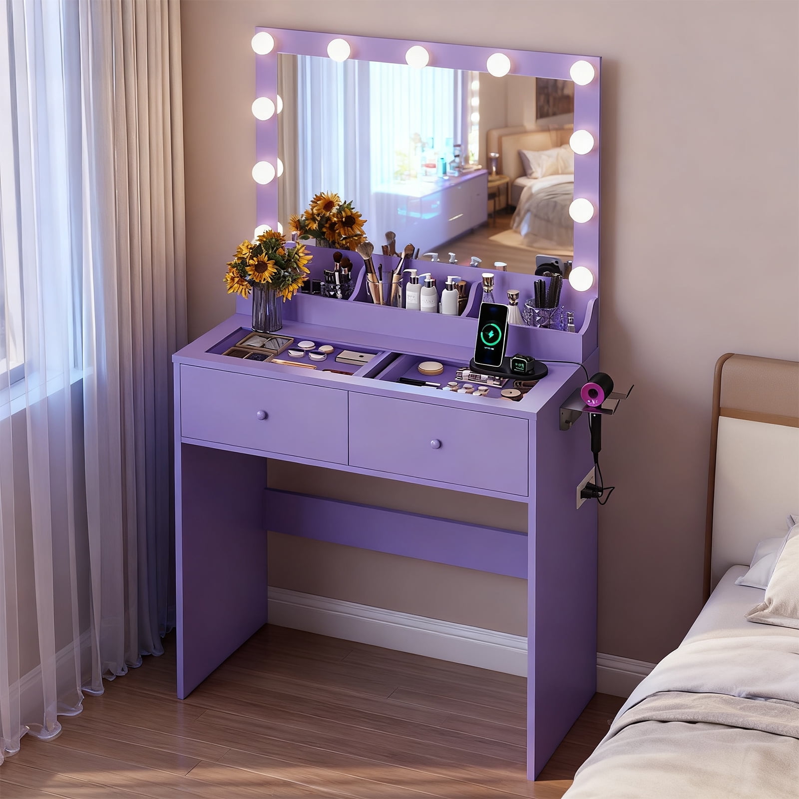 Zimtown Vanity with Mirror and Light, Makeup Desk  with Charging Station and Storage, Dressing Table with Hair Dryer Rack for Bedroom, Sophia Purple
