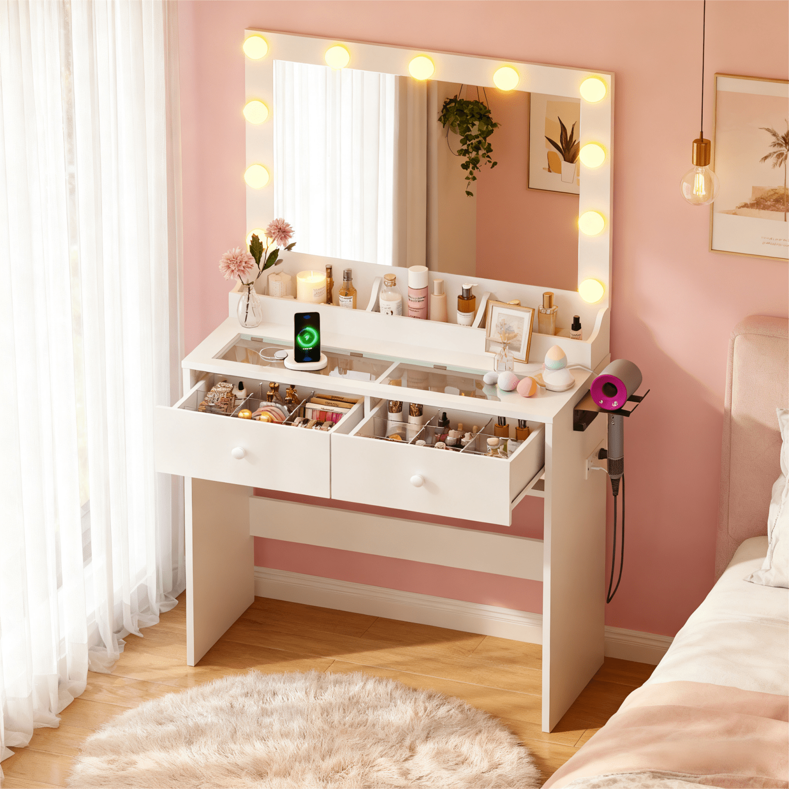Zimtown Vanity with Mirror and Light, Makeup Desk  with Charging Station and Storage, Dressing Table with Hair Dryer Rack for Bedroom, White