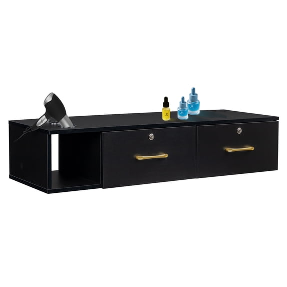 Zimtown Wall Mount Salon Station w/ Lockable Drawers, 3 Hair Dryer Holders, Black
