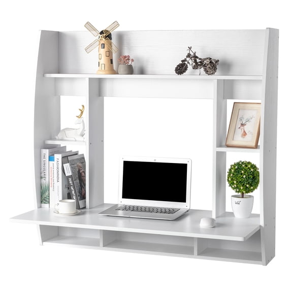 Zimtown Wall Mounted Computer Desk Floating Office Home PC Table with Storage Shelf ,White