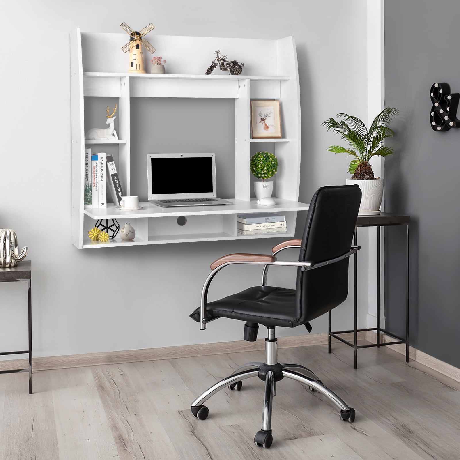 Zimtown Wall Mounted Computer Desk Floating Office Home PC Table with Storage Shelf ,White