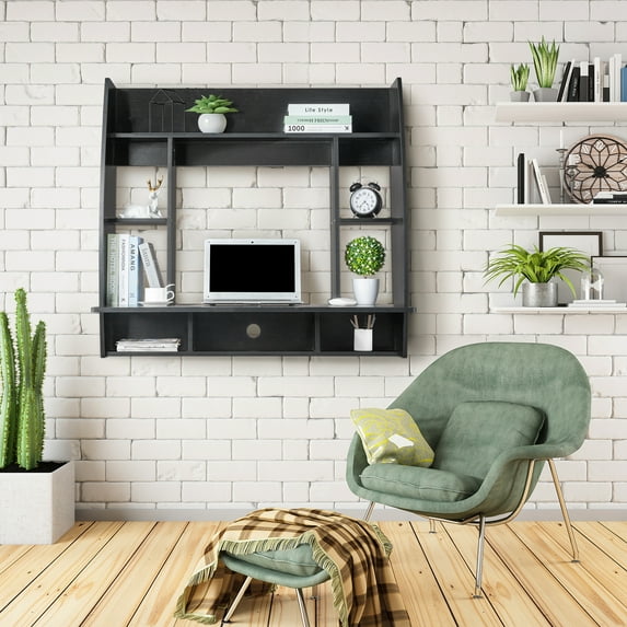 Zimtown Wall Mounted Floating Computer Desk with Storage Shelf