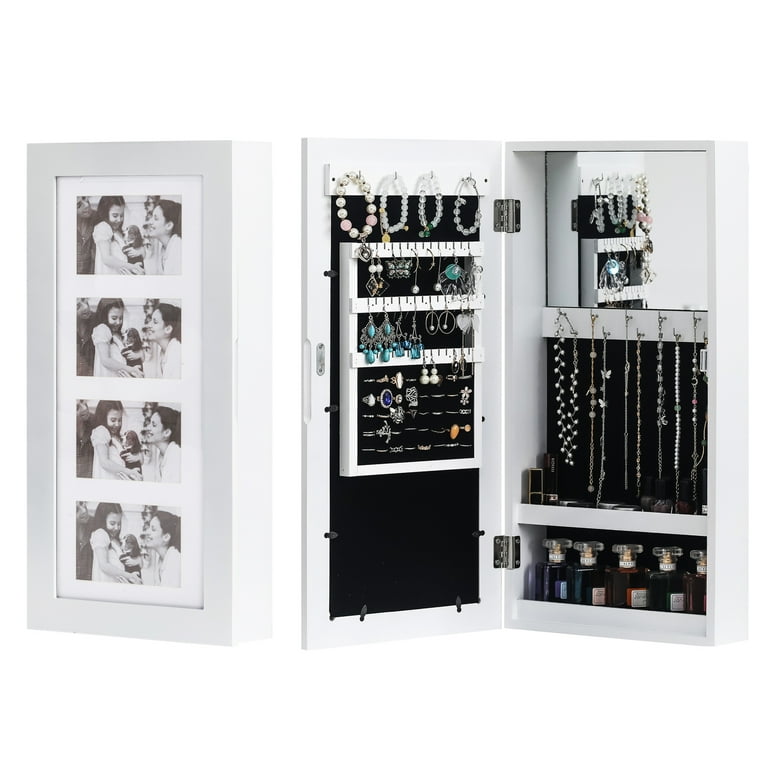 Photo Frames Wall Mounted Mirrored Jewelry Cabinet Armoire Makeup Storage  Organizer Wood Box