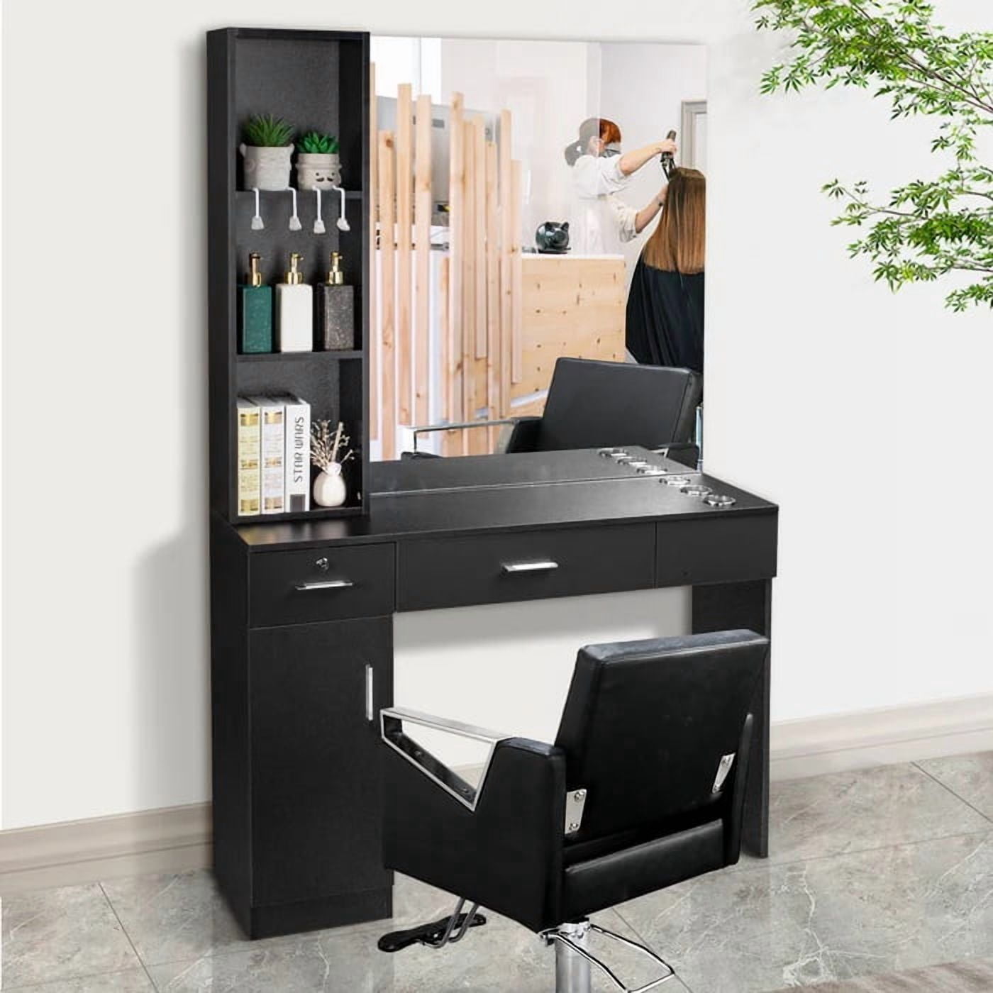 Zimtown Wall Mounted Salon Station with Mirror, 2 Drawers & Storage Cabinet, Black