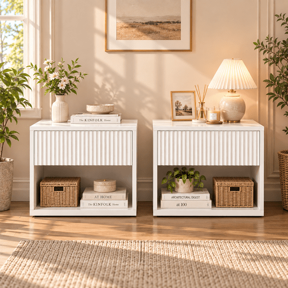 Zimtown White Nightstand, End Table with 2-Drawer, Wooden Bedside Table, Large Capacity, Easy to Assemble