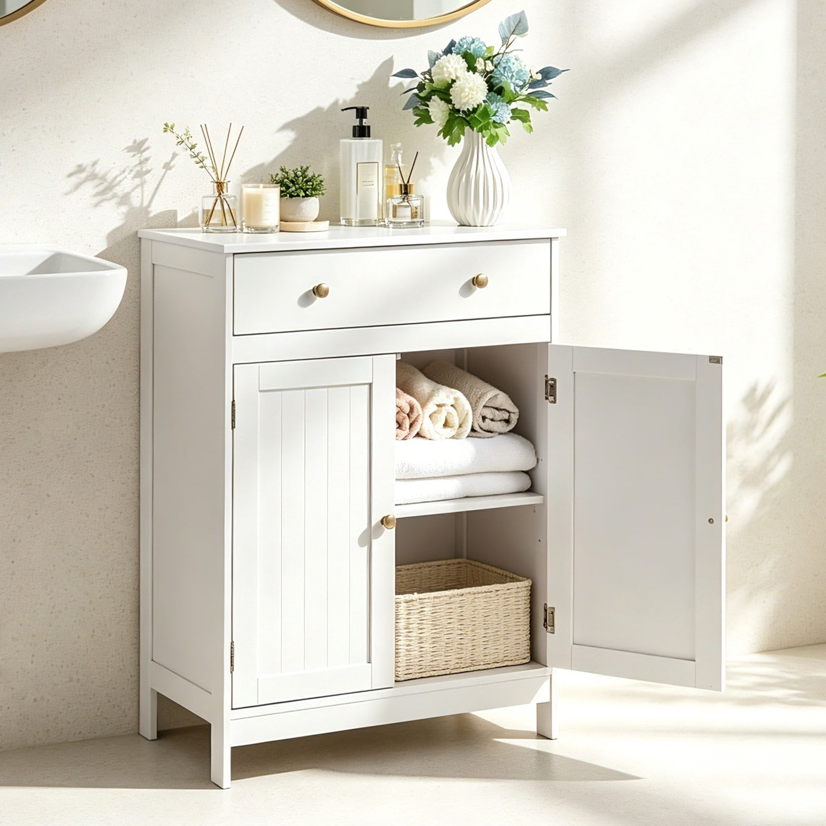 Zimtown White Wooden Bathroom Cabinet, Freestanding Storage