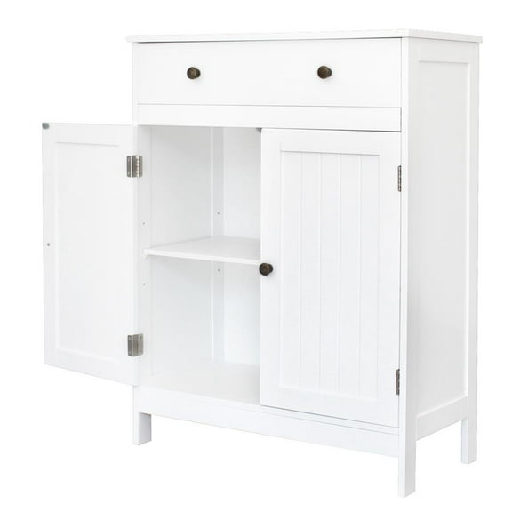 Zimtown White Wooden 2-Door Bathroom Cabinet Storage Organizer with 2 Shelves& 1 Drawer Freestanding